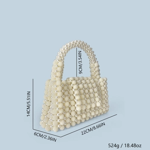Detailed dimensions of pearl woven handbag 22x14x6cm with 524g weight specifications