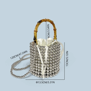 Detailed dimensions of silver beaded bucket bag with bamboo handle and satin drawstring