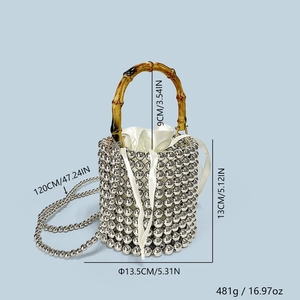 Detailed size specifications for the silver beaded bucket bag with bamboo handle