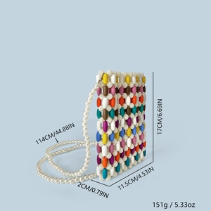Detailed size specifications for the handmade colorful wooden bead crossbody phone bag