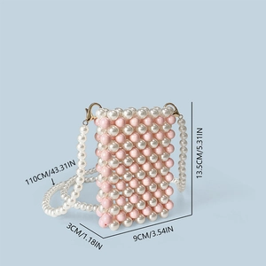 Pink and white beaded mini crossbody phone bag with size chart and strap dimensions