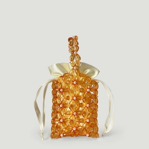 Handmade amber acrylic flower beaded handbag with pearl accents and drawstring lining
