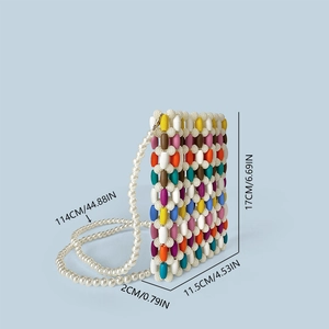 Detailed dimensions of colorful handmade beaded crossbody bag with pearl strap