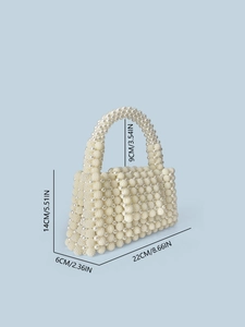 Elegant handmade pearl woven handbag for women with beaded handle and 45-degree side view
