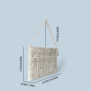 Detailed size guide of woven pearl handbag: 27cm width by 17cm height with 17cm handle drop