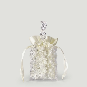 Handmade clear acrylic floral beaded handbag with white pearl details and satin liner