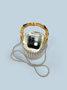 Silver beaded bucket bag with bamboo handle and drawstring satin lining for women