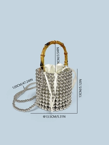 Silver bead bucket bag with bamboo handle, drawstring satin lining and chain strap