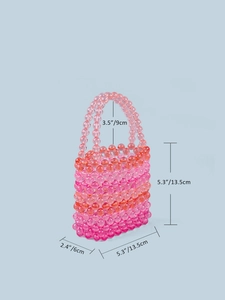 Handmade rainbow beaded tote bag in pink and orange acrylic with dimensions shown