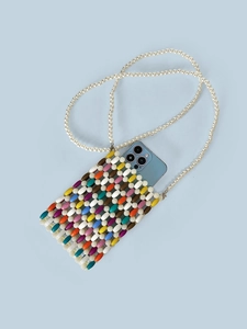 Handmade colorful wooden bead mini crossbody phone bag with white pearl shoulder strap