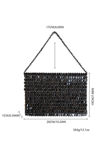 Detailed size guide of black beaded woven shoulder bag with dimensions and weight specs