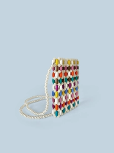 Handmade colorful beaded mini crossbody phone bag with faux pearl shoulder strap