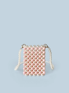 Handmade Artificial Pearl Beaded Mini Crossbody Bag Pink White Acrylic Bead Woven Phone Purse Fashion Sweet Accessory For Women