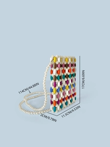 Handmade colorful wooden beaded crossbody phone bag with white pearl strap for vacation