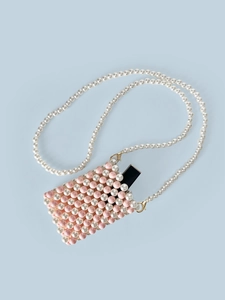 Pink and white handmade beaded mini crossbody bag for lipstick with long pearl strap