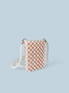 Pink and white beaded crossbody mini bag for phone with golden metal clips and strap