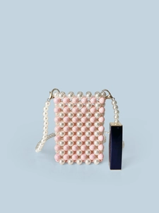 Pink and white beaded mini crossbody bag with pearl strap and silver metal clasps