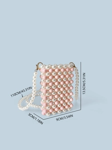 Pink and white beaded mini crossbody phone bag with strap dimensions and size guide