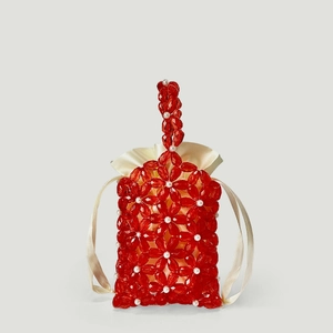 Handcrafted red acrylic flower beaded handbag with pearl accents and satin drawstring
