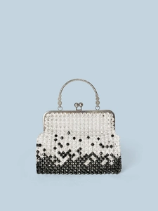 Handmade Woven Black And White Beaded Evening Bag For Women Vintage Alloy Handle Acrylic Beads Handbag For Party Wedding