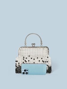 Handmade beaded square handbag with black and white contrast and vintage silver metal handle