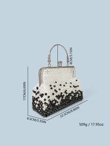 Detail showing dimensions of handcrafted black and white beaded bag with metal handle