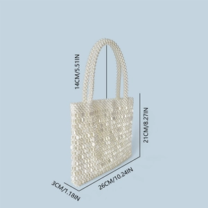 Detailed size specifications for handmade white pearl handbag with shiny sequins
