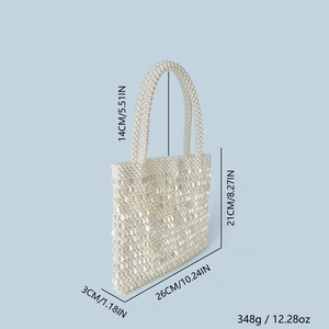 Detail view of woven pearl tote bag with size 26x21x3cm and 348g weight specifications