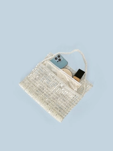 Handmade white beaded woven handbag with inner pouch and large capacity for daily essentials