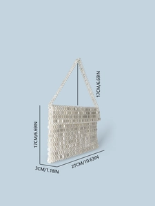 White beaded flap handbag for women with pearl strap showing dimensions 27x17x3cm