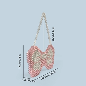 Detailed size specifications for a handmade pink beaded bow shoulder bag in Y2K style