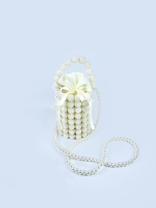 Handmade Artificial Pearl Beaded Bucket Bag For Women Elegant Satin Lining Drawstring Evening Bag With Bow Crossbody Handbag