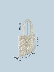 Handmade pearl beaded tote bag in white, rectangle shape with size specifications