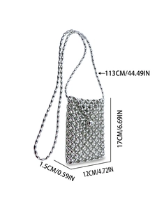 Borsa a tracolla argentata con perline per cellulare con trama a rete e tracolla 113 cm