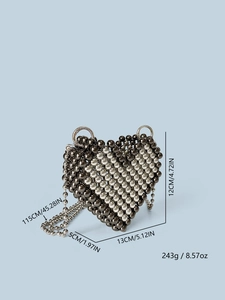 Specifiche dettagliate delle dimensioni per borsa a tracolla con perline metalliche a cuore