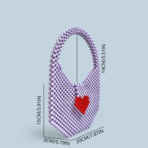 Detail of purple handmade beaded handbag with red heart and dimensions shown