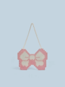 Handmade Beaded Shoulder Bag Acrylic Pink White Imitation Artificial Pearl Bow Shape Butterfly Design Y2K Niche Women Baguette Bag