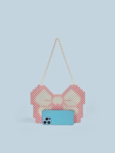 Handmade pink beaded Y2K bag with butterfly design and long pearl-like strap
