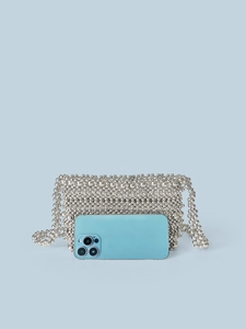 Borsa a tracolla fatta a mano con perle argentate e cinturino in perline metalliche