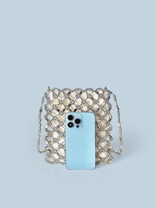 Borsa a tracolla fatta a mano con perline argento e motivo floreale e catena