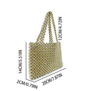 Detailed dimension chart showing gold beaded bag size 20cm x 14cm with handle height