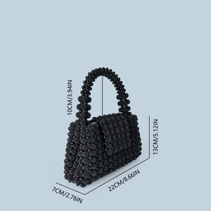 Detail view of handmade black beaded handbag showing precise 22cm x 13cm product dimensions