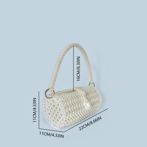 Detailed dimensions of white beaded pearl evening bag with measurements in cm and inches