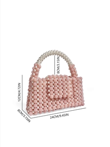 Detail view of handmade pink beaded handbag showing 3D texture and exact dimensions