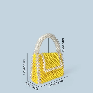Detailed size specifications for the yellow woven beaded handbag with dimensions in cm and inches