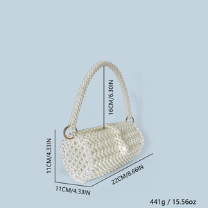 Detailed dimensions of white pearl beaded evening bag with 22x11x11cm size specs