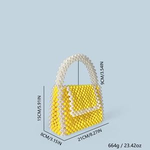 Detailed size specifications for handmade yellow beaded handbag with pearl accents