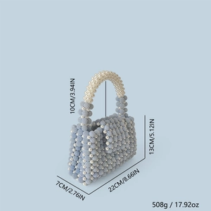 Detailed dimension guide for handmade beaded handbag with blue and pearl beads