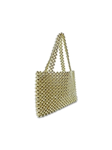 Handmade gold beaded tote bag with double handles and a vintage metallic woven design
