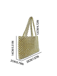 Handmade gold metal beaded handbag with crossbody strap and detailed size dimensions